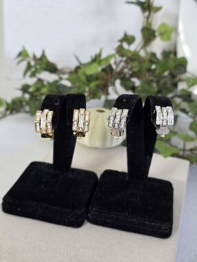 Gold Or Silver Tone Crystal Triple Row Huggie Clip On Earrings